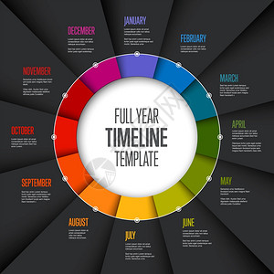 全年时间表模板全年月在圆圈上的彩虹纸折叠式暗版图片