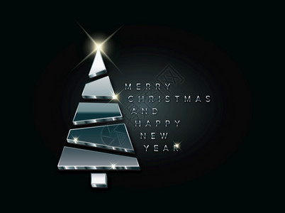 由区块制成的带有抽象蓝色铬银圣诞树的简单矢量圣诞节卡原新年图片
