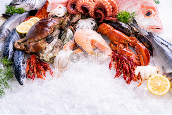 各种新鲜奢侈海的前视线龙虾鲑鱼石螃蟹鳄虾章和扇贝其冰背景与海鲜市场中的冰烟图片