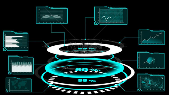 未来用户界面仪表板用于在信息图表中分析大数据HUDGUI文本数字技术概念的图形元素3D插图图片