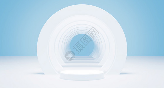 3D层白墙空圆柱形翻接在讲台最低工作室背景中白光亮圆形蓝色插图上的抽象几何形状对最小概念图片