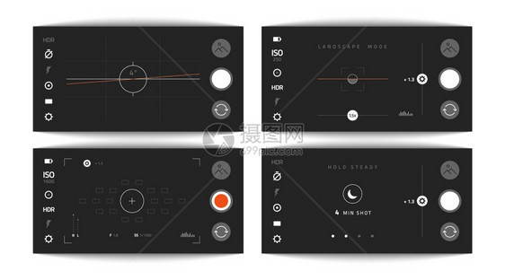 相机查看器移动视频和照片应用程序与水平风景模式保持稳定界面元素的现实暗智能手机或摄像器屏幕按钮矢量快照显示设置横向界面暗智能手机图片