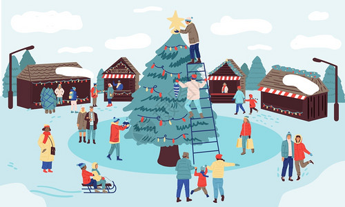 圣诞节市场公园冬季假日装饰圣诞树图片