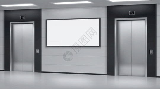 电梯模型办公室或现代酒店走廊内厅空大电梯和白显示3d矢量图插画