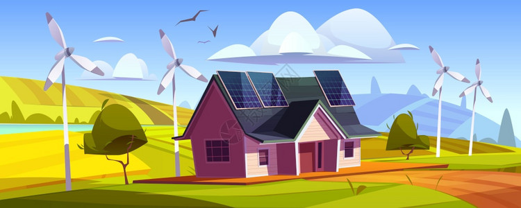 绿色能源发电太阳能电池板的房顶矢量插画图片