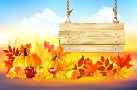 秋色背景感恩节快乐的日卡新鲜蔬菜彩色秋叶木牌矢量图片