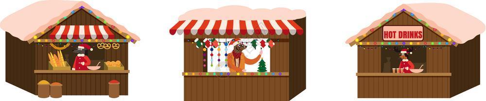 圣诞市场或节假日户外展销会装饰的摊位树冠或亭购买小吃赠品装饰和喝热咖啡茶甜酒图片