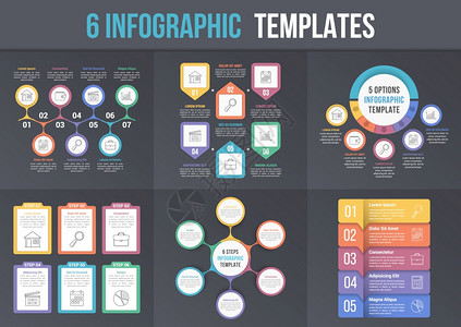6暗底背景信息模板工作流程图步骤选项圆形信息图矢量eps10插图图片