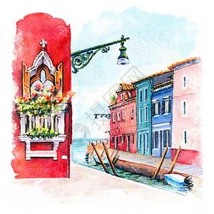 意大利威尼斯布拉诺岛的运河和明房数字绘画如水彩色布拉诺多街道图片