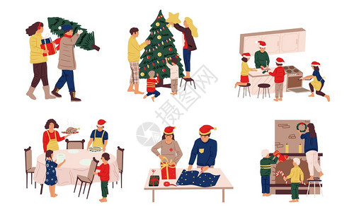 准备圣诞节人们庆祝冬季假日家庭装饰树和壁炉包装礼物烹饪传统圣诞节晚宴孤立的12月场景矢量家庭活动安排筹备圣诞节家庭装饰晚礼和壁炉图片