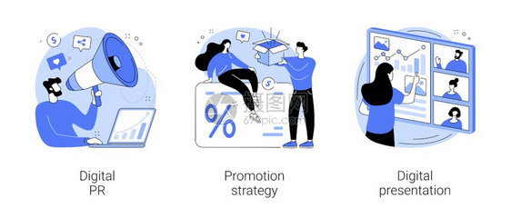 在线营销运动抽象概念矢量图集数字PR促进战略数字展示名声管理客户忠诚品牌意识抽象比喻在线营销运动抽象概念矢量图集图片