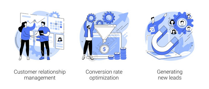 集中管理客户关系管理转换率优化产生新线索销售数据营软件抽象隐喻客户关系管理主导抽象概念矢量说明插画