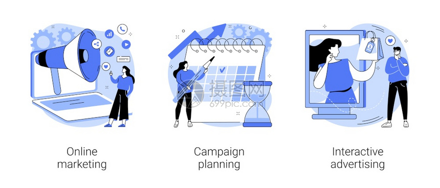 网上营销运动规划交互式广告数字战略SEO优化客户分析抽象比喻因特网广告抽象概念矢量图示图片