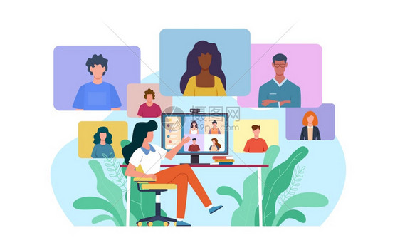 在线商业会议工作组网络研讨会在covid19检疫病媒概念期间与专家庭办公室举行网络研讨会视频议办公室妇女提供集体虚拟聊天在线商业图片