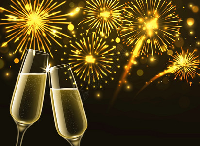 火花和香槟杯烧红酒和新年有bokeh效果的金花祝贺圣杯烤面包或婚礼两个葡萄酒杯和明亮的敬礼矢量现实背景烟花和香槟杯烧红酒和新年有图片
