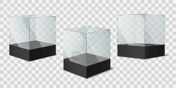 GlassCube黑色首饰上的透明闪亮立方体物展览模拟的空品示博物馆出示产品符合现实的3d矢量孤立模板集的展示产品方箱黑色首饰上图片