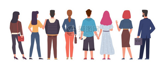 人群的男女站在不同背面夫妇拥抱和握手男女从背面与袋的平式矢量隔离概念人群的背面男女站在不同背面男女从的矢量概念图片