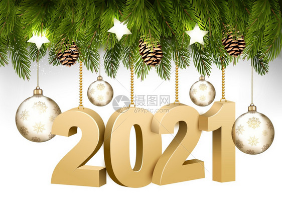 圣诞假期框架包括树枝和2021年的透明球矢量图图片