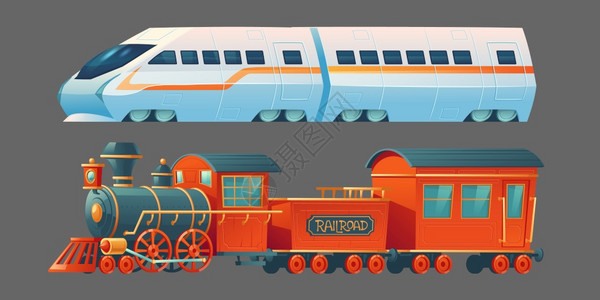 旧的和现代火车古董蒸汽铁路运输以及当代地铁火车头城市路通勤运输侧面视线在灰色背景中被孤立图片