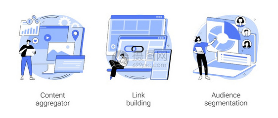 内容营销抽象概念矢量插图集内容汇总链接构建受众分解页面排行目标受众数字广告运动超链接抽象比喻内容营销抽象概念矢量插图图片