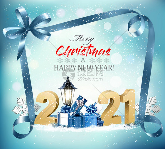 圣诞快乐和新年背景2021年及礼品盒和蓝丝带图片