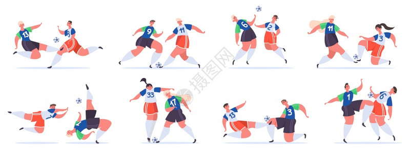足球比赛的男女运动员卡通矢量插画图片
