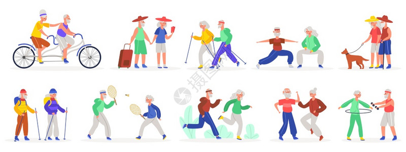 活跃老年夫妇健康运动的祖母和父老年人跳舞和慢跑的矢量图集骑自行车运动与宠物一起走路的特征活跃老年夫妇人跳舞和慢跑的矢量图集图片