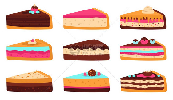 蛋糕切片甜的生日蛋糕芝士薄片海绵美味的点果巧克力甜圈焦糖和果的盛宴甜切生日饼层海绵蛋糕巧克力甜的矢量插图巧克力甜品的盛宴切片生日图片