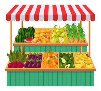 蔬菜超市摊位水果蔬菜木制柜台杂货店有机食品新鲜蔬菜当地商店矢量说明销售西瓜葡萄果梨和菠萝新鲜蔬菜当地商店矢量说明图片
