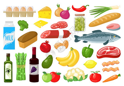 蔬菜牛奶肉类面包奶酪和水果健康日常食品和水果成套的病媒说明日餐水果和面包蔬菜产品食和说明成套的病媒说明图片