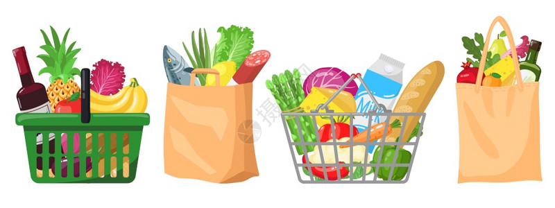 超市杂货袋购物篮和袋塑料纸购买包装有机食品病媒插图的购物袋在市场上购买食品水果和蔬菜背景图片