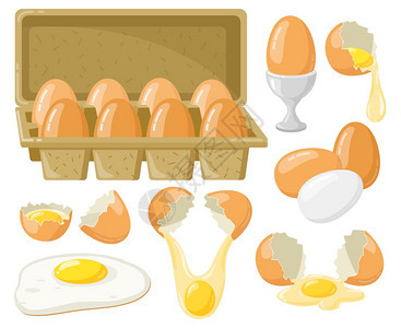 卡通鸡蛋新鲜的煮炸鸡蛋破碎的含黄半装在纸板盒中的鸡蛋有机农场食物病媒插图开放的纸包烹饪餐卡通鸡蛋新鲜的碎鸡蛋装在纸板盒中的蛋有机图片