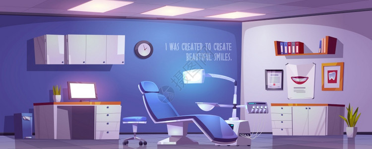 牙科办公室门诊实践室内部口腔科矫形有现代椅子的矫形室配有综合发动机和外科轻器卡通矢量插图图片