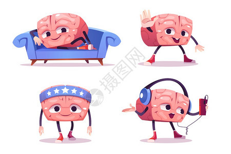 以不同姿势展现可爱的大脑格矢量的卡通聊天机有趣的人脑在沙发上放松体育培训和耳机中听音乐创意的emoji游戏聪明的吉祥物可爱大脑格图片