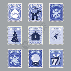 设置圣诞快乐回溯邮票设置圣诞快乐回溯邮票并配有圣诞树礼品鹿和雪花图片