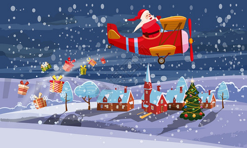 圣诞老人乘坐逆向飞机在夜空中送礼物圣诞老人乘坐逆向飞机在城市的夜空中送礼物图片