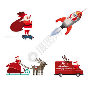 一套不同类型运输车辆飞机雪橇的圣诞老人图图片