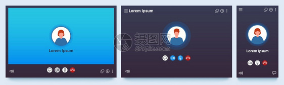 视频呼叫界面WebchatUI屏幕模拟电话申请和在线会议通信窗口矢量设置说明视频界面屏幕通信会议网络聊天UI屏幕模拟电话和在线会图片