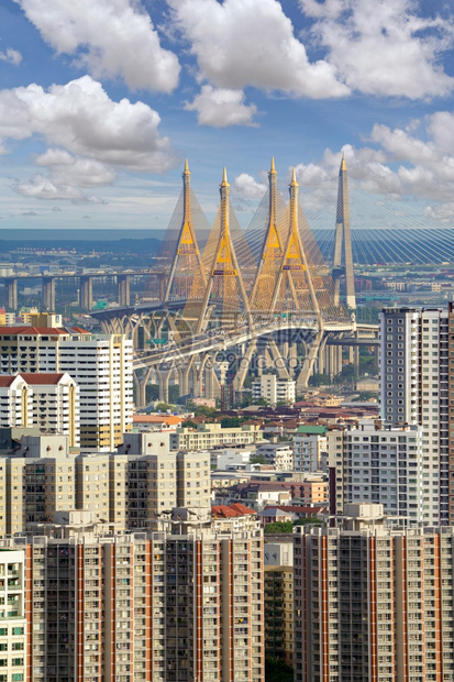 BhumibolBridge和ChaoPhraya河的空中景象图片