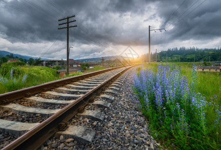 山的铁路和夏季高山的蓝花在覆溢白天青花日落时村的火车站有铁路平台绿树和草的工业景观高云房屋图片