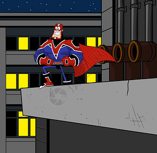 超英雄卡通字符在一个城市的建筑上矢量背景说明图片