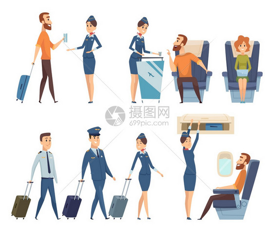 飞机乘客穿制服登机安全病媒卡通人物乘务员女接待和乘客说明穿制服登机安全病媒人物图片