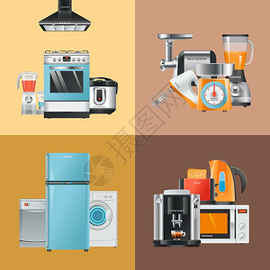 家用电器冰箱洗涤机微波搅拌混合器引擎燃气炉灶矢量收集设备炉灶和微波咖啡机插图图片