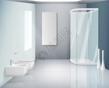 浴室面盆室内卫生间现代厕所或洗手间符合实际情况的浴室矢量背景内家缸镜子和淋室内符合实际情况的浴室矢量背景插画