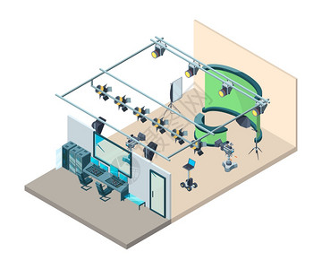 Tv演播室内配有专业设备电视摄像头的制作室闪软箱三角矢量等分数Tv专业制作视频电插图配有专业设备录像摄机的电视制作室闪软箱三角矢图片
