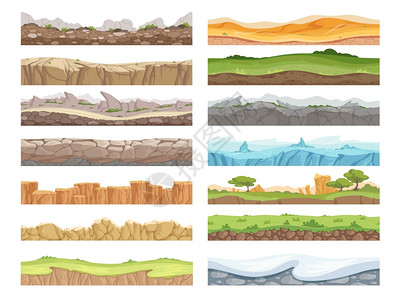 游戏无缝地卡通岩石泥土地貌头表资产2d地板矢量背景游戏无缝土壤和草雪地表面图解卡通岩石泥土地貌头资产板矢量背景图片
