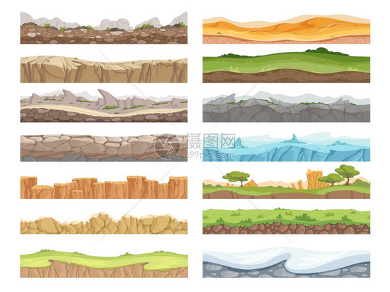 游戏无缝地卡通岩石泥土地貌头表资产2d地板矢量背景游戏无缝土壤和草雪地表面图解卡通岩石泥土地貌头资产板矢量背景图片