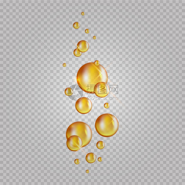 金油泡矢量闪烁的科林胶囊化妆品油滴在透明背景中分离真实的金质胶囊示例图片