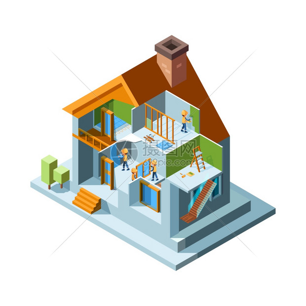 翻新房屋修理住宅楼墙地板安装建筑矢量测设备的家庭工人翻新建筑修缮室内插图房屋翻修理住宅楼墙地板插画图片下载 正版图片 摄图网