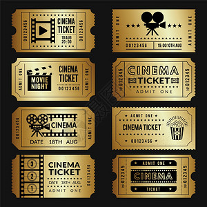 黄金奶源带金票带录像摄机和其他工具插图的入场电影票样板病媒电影放映活动票黄金插画